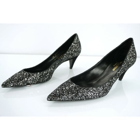 Saint Laurent Charlotte 55MM Super Black Glitter Pointy Toe Pumps - Picture 2 of 12